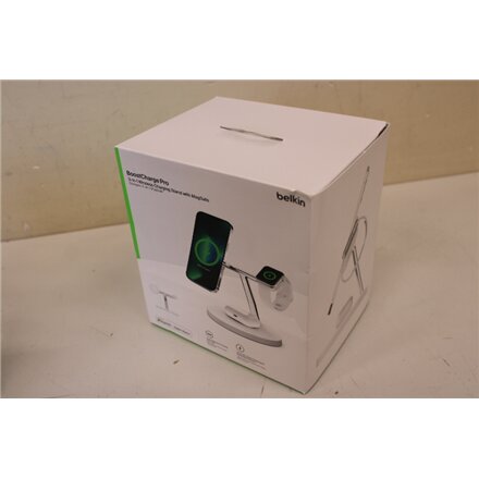 SALE OUT. BELKIN BOOST CHARGE Pro MagSafe 3in1 Wireless Charging Stand + AC Power Adapter, 15W, White , Belkin , Pro MagSafe 3in1 Wireless Charging Stand + AC Power Adapter , BOOST CHARGE , DAMAGED PACKAGING