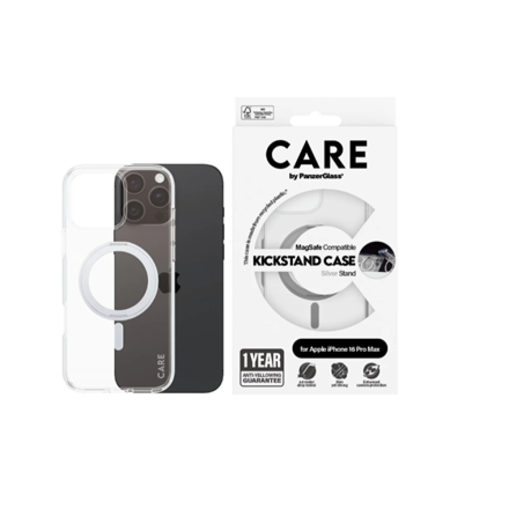 CARE Feature Case , Back cover , Apple , iPhone 16 Pro Max , Recycled plastic , Silver , Kickstand & MagSafe
