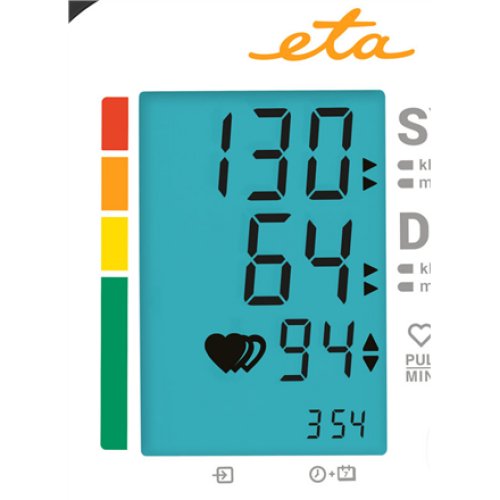ETA , Upper Arm Blood Pressure Monitor , ETA229790000 , Memory function , Number of users 2 user(s) , 4 , Suitable for home use. Measurement of systolic and diastolic pressure, pulse. Oscillometric measurement method. Display of measured values ​​on LCD. 
