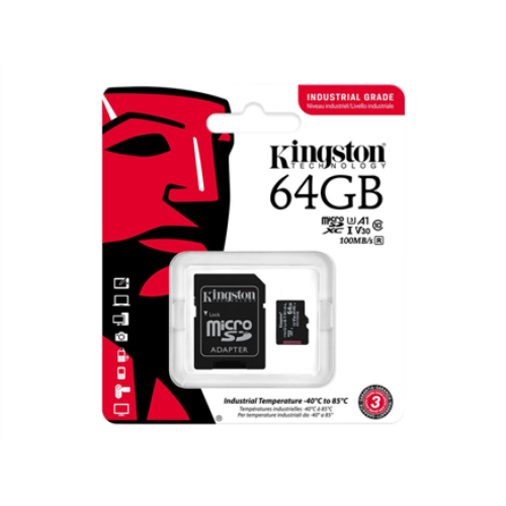 Kingston , UHS-I , 64 GB , microSDHC/SDXC Industrial Card , Flash memory class Class 10, UHS-I, U3, V30, A1 , SD Adapter