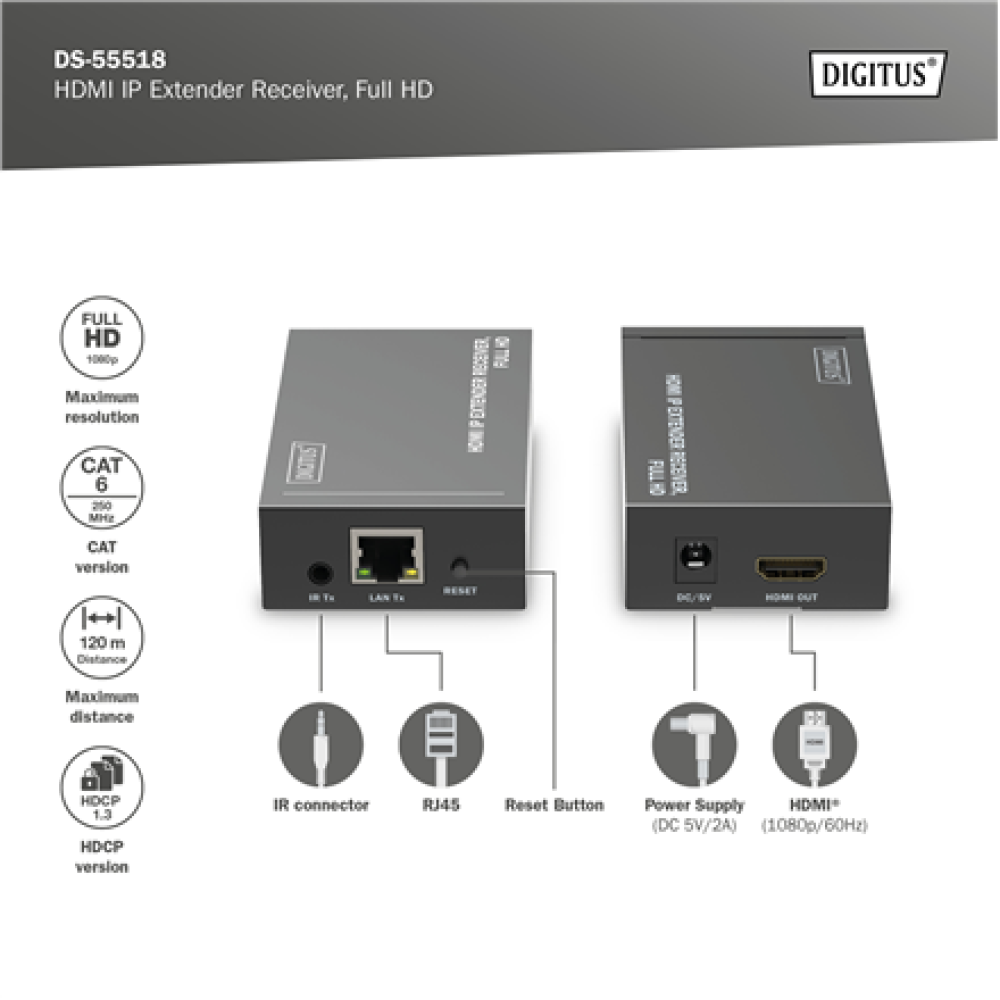 Digitus , HDMI IP Extender Receiver, Full HD , DS-55518