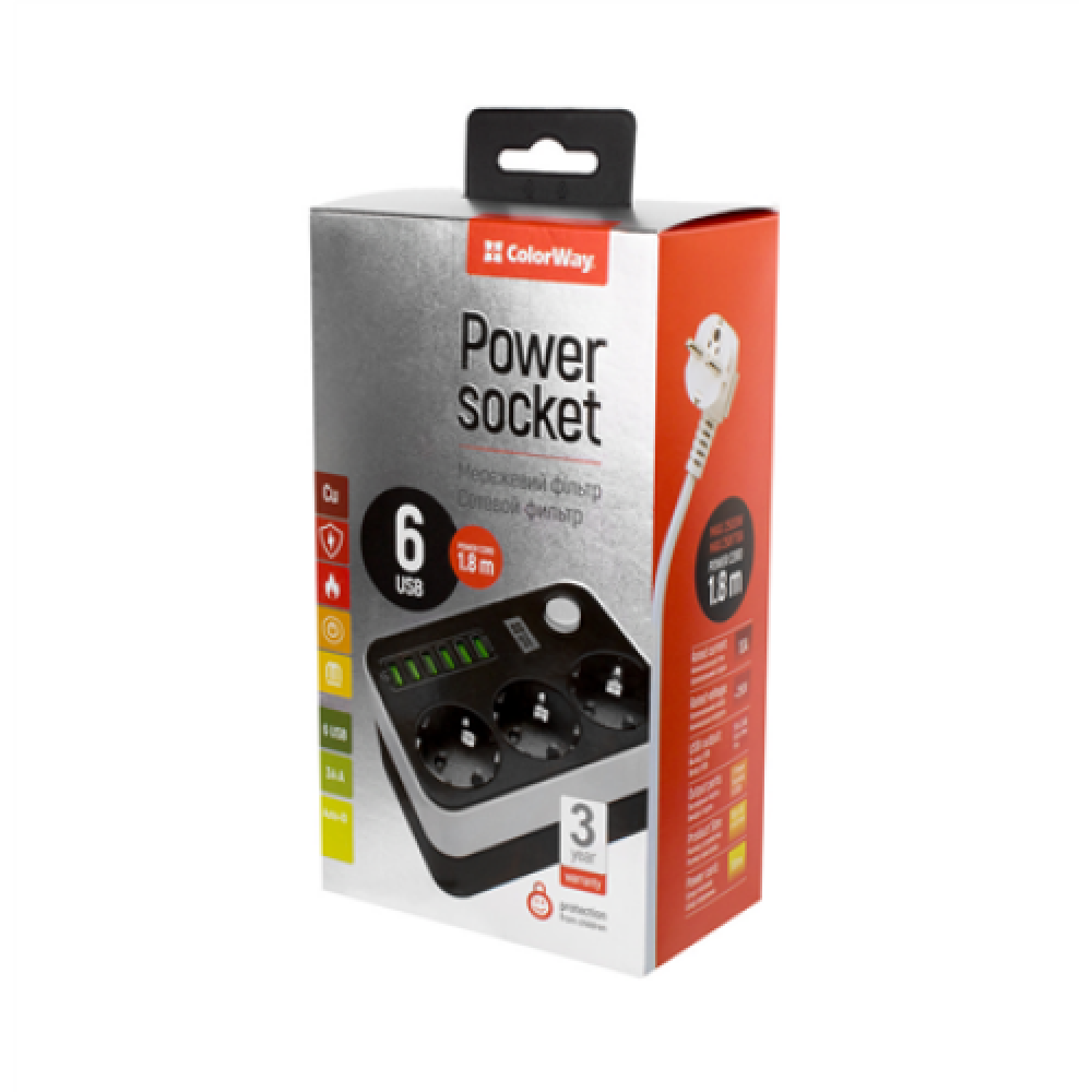 10 A , Power Socket :3 EU plugs/6USB Blac , CW-CHE36B , Black , 1.8 m