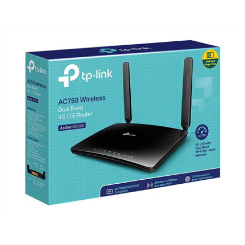 4G LTE Router , Archer MR200 , 802.11ac , 300+433 Mbit/s , 10/100 Mbit/s , Ethernet LAN (RJ-45) ports 3 , Mesh Support No , MU-MiMO No , 4G , Antenna type 2xDetachable antennas