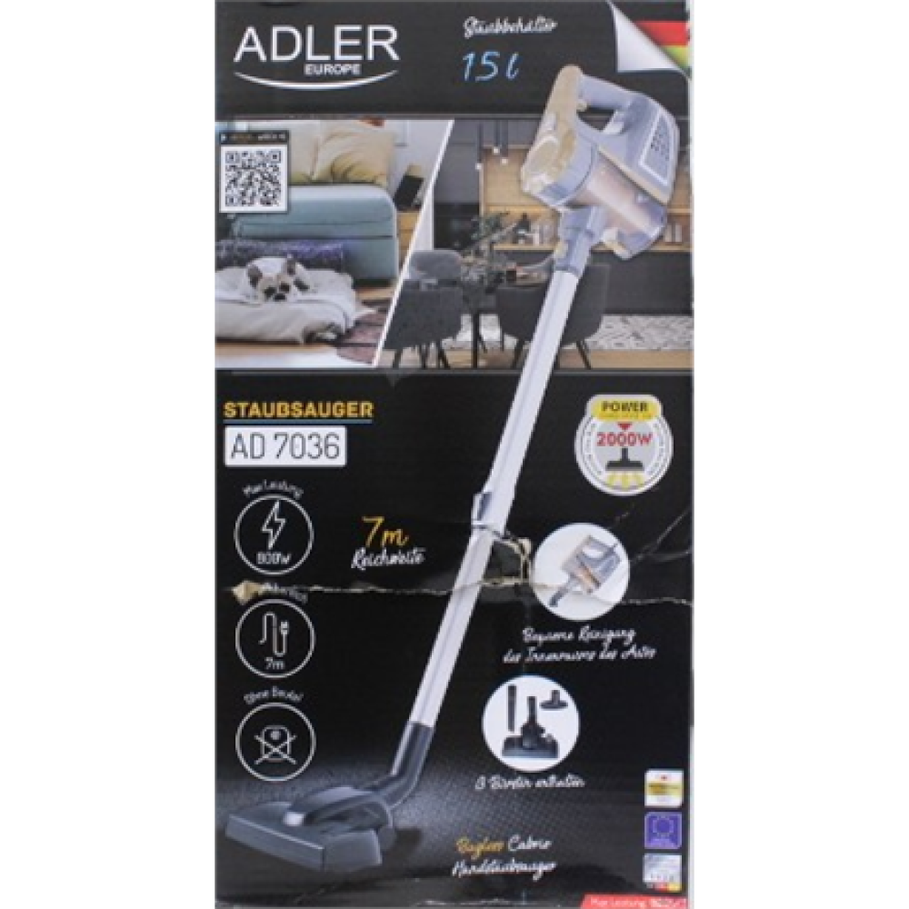 SALE OUT. , Adler , Vacuum Cleaner , AD 7036 , Corded operating , Handstick and Handheld , 800 W , - V , Operating radius 7 m , Yellow/Grey , Warranty 24 month(s) , DAMAGED PACKAGING