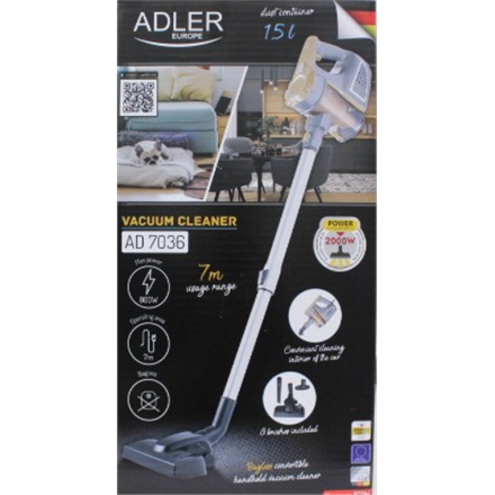 SALE OUT. , Adler , Vacuum Cleaner , AD 7036 , Corded operating , Handstick and Handheld , 800 W , - V , Operating radius 7 m , Yellow/Grey , Warranty 24 month(s) , DAMAGED PACKAGING