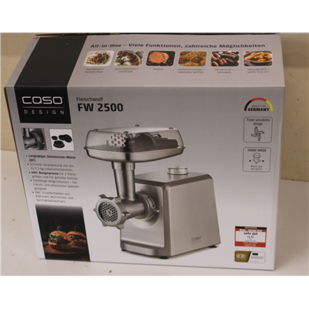 SALE OUT. Caso Meat Mincer , FW 2500 , Stainless Steel , 2500 W , Number of speeds 2 , Throughput (kg/min) 2.5 , 3 stainless steel cutting plates (3 mm, 5 mm and 8 mm), Sausage filler, Cookie attachment with 4 moulds, Stuffer , DEMO