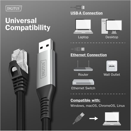 Digitus , USB-A - RJ45 Ethernet cable, 1Gbit/s, 3m , AK-300600-030-S , USB-A to RJ45