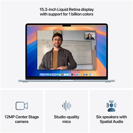 MacBook , Apple Air , Sky Blue , 15 , 2880 x 1864 pixels , Apple M4 , 16 GB , Solid-state drive capacity 256 GB , Apple M4 chip 10-core CPU/10-core GPU , macOS , 802.11b , Keyboard language Russian , Keyboard backlit