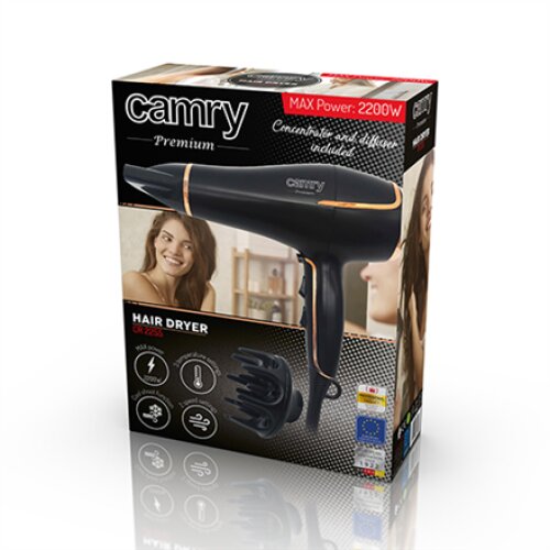 Camry , Hair Dryer , CR 2255 , 2200 W , Number of temperature settings 3 , Diffuser nozzle , Black