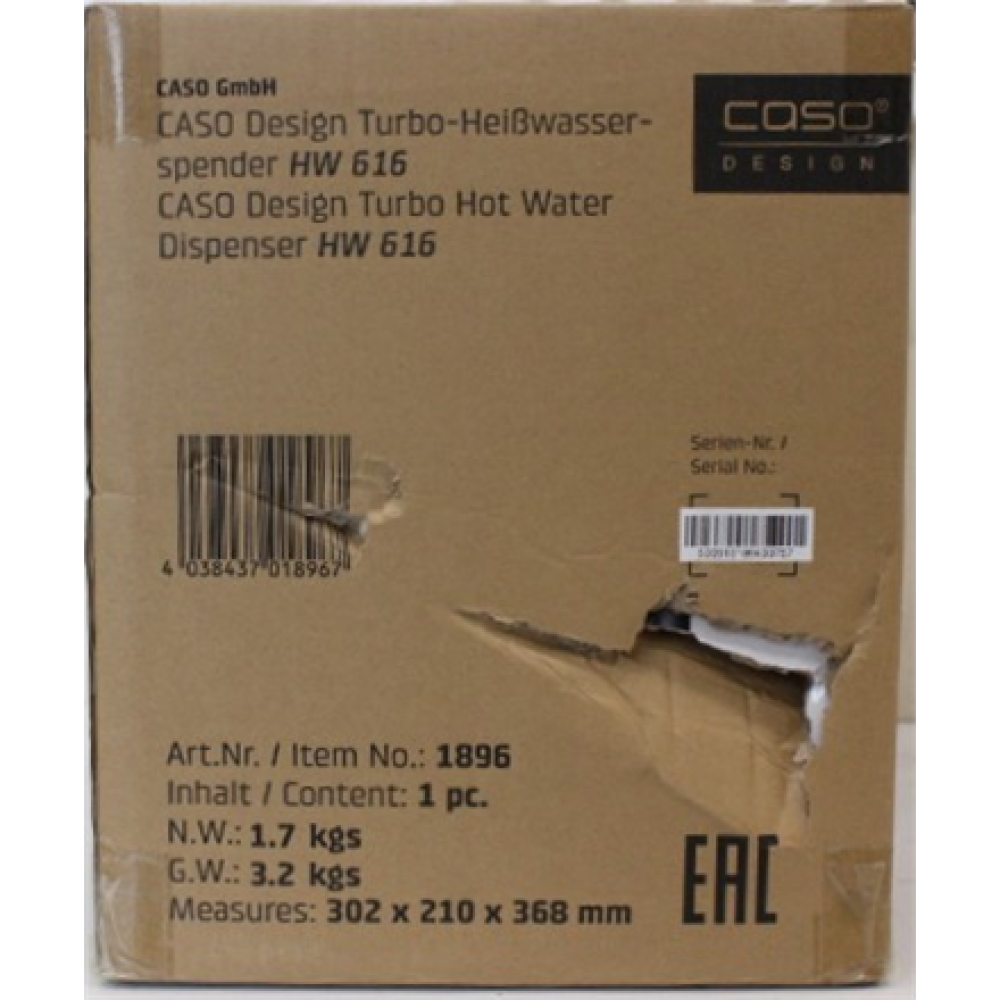 SALE OUT. Caso HW 616 Turbo Hot Water Dispenser, Capacity 2.5 L, Stainless steel, Black , SALE OUT. Caso Turbo Hot Water Dispenser , HW 616 , Water Dispenser , 2600 W , 2.5 L , Plastic/Stainless Steel , Black/Stainless Steel , DAMAGED PACKAGING