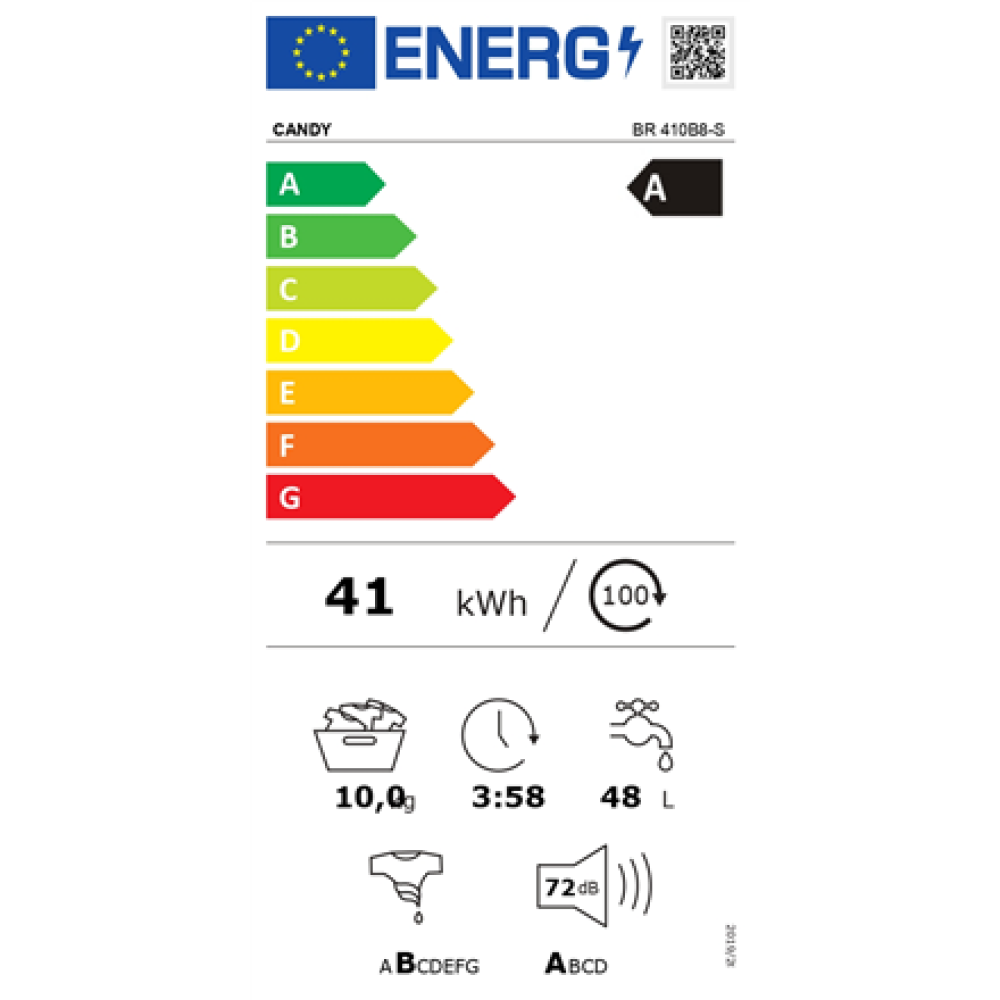 Candy Washing Machine , BR 410B8-S , Energy efficiency class A , Front loading , Washing capacity 10 kg , 1400 RPM , Depth 60 cm , Width 60 cm , Display , LED , Steam function , Wi-Fi , White