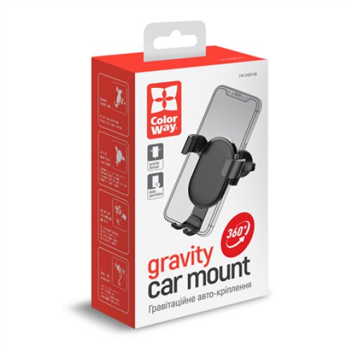 ColorWay , Metallic Gravity Holder For Smartphone , Adjustable , Clamp , Black , Fixation of the smartphone in one motion. Compact design, does not take up much space and does not obstruct the view. Soft coating, eliminates the appearance of scratches and