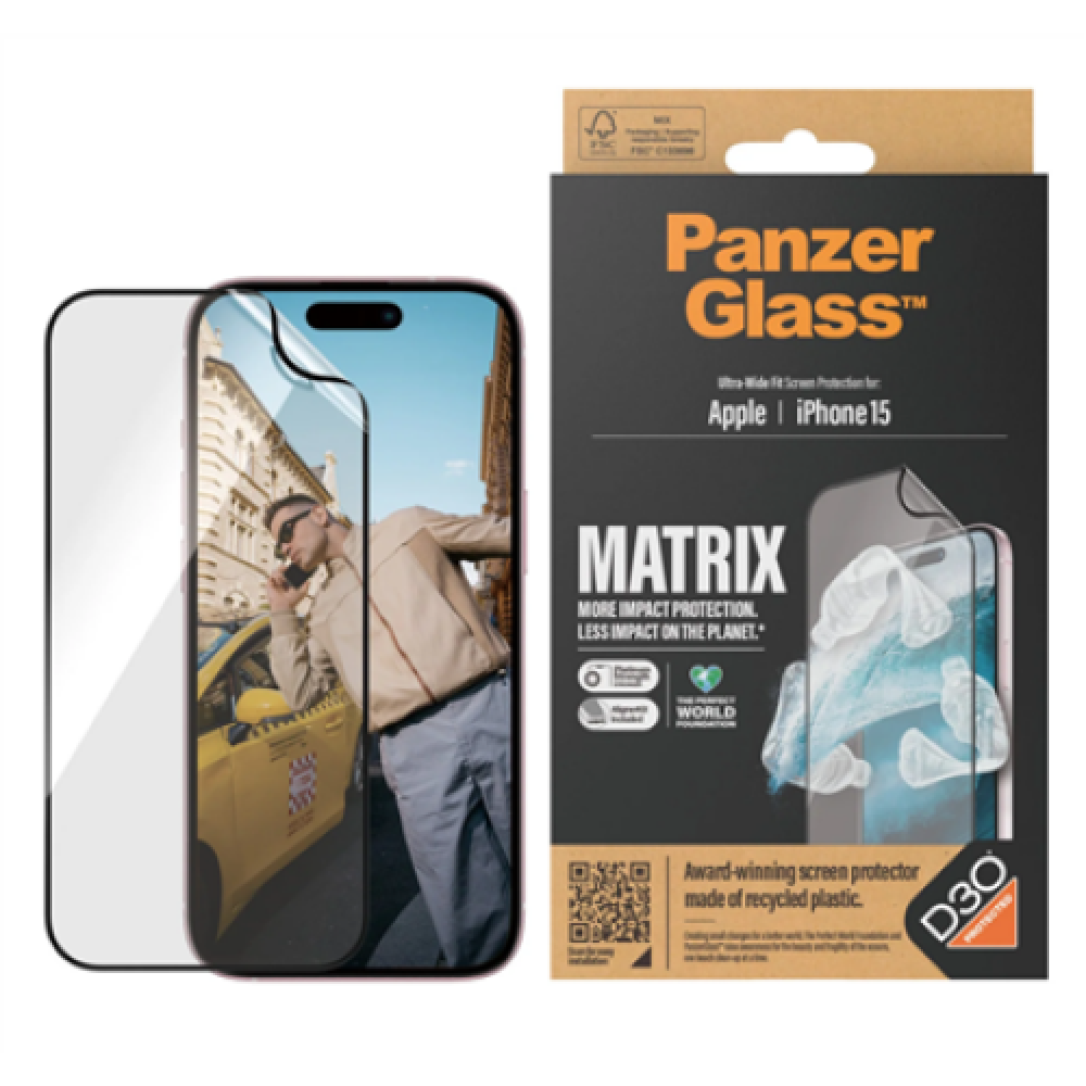 PanzerGlass , Screen protector , Apple , iPhone 15 , Recycled plastic , Transparent , Ultra-Wide Fit; Easy installation; Fingerprint resistant; Anti-yellowing; Touch sensitivity , MATRIX with D3O