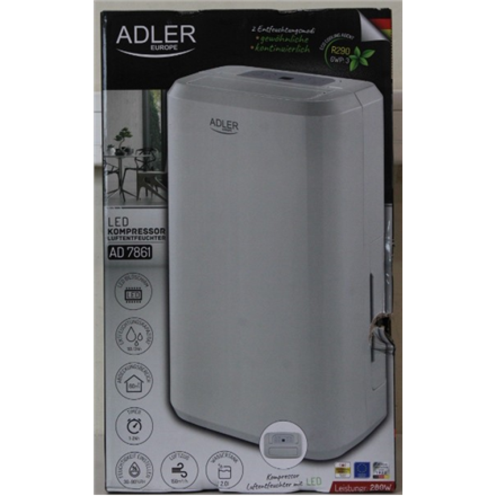 SALE OUT. Adler AD 7861 Compressor air dehumidifier, White , Adler , Compressor Air Dehumidifier , AD 7861 , Power 280 W , Suitable for rooms up to 60 m³ , Water tank capacity 2 L , White , DAMAGED PACKAGING