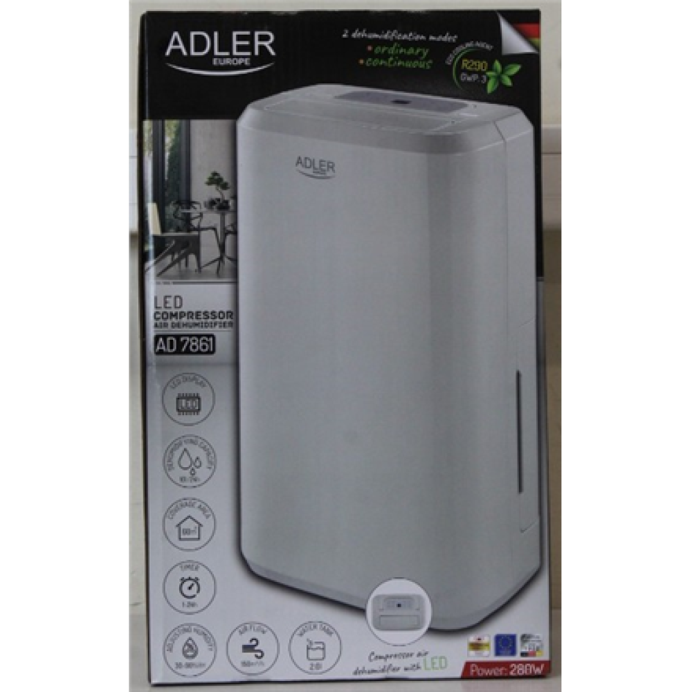 SALE OUT. Adler AD 7861 Compressor air dehumidifier, White , Adler , Compressor Air Dehumidifier , AD 7861 , Power 280 W , Suitable for rooms up to 60 m³ , Water tank capacity 2 L , White , DAMAGED PACKAGING