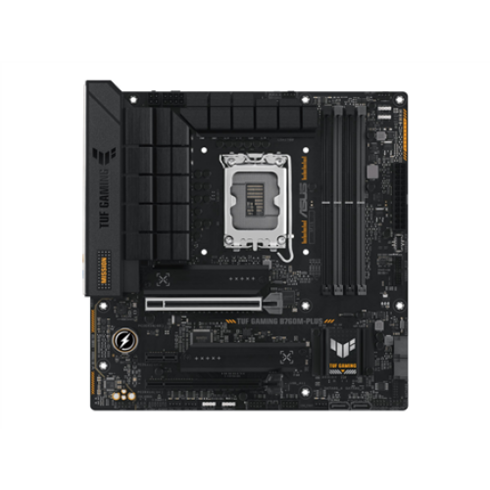ASUS TUF GAMING B760M-PLUS , Asus , Processor family Intel B760 , Processor socket 1 x LGA1700 Socket , 4 DIMM slots - DDR5, non-ECC, on-die ECC, unbuffered , Supported hard disk drive interfaces SATA-600 (RAID), 2 x M.2 , Number of SATA connectors 4