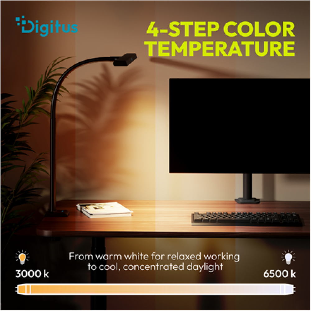 Digitus LED Desk Lamp, 80 cm, Black , DA-90492 , 2400 lm , 16 W , 3000-6500 K , Warm white , LED lamp , 10 V
