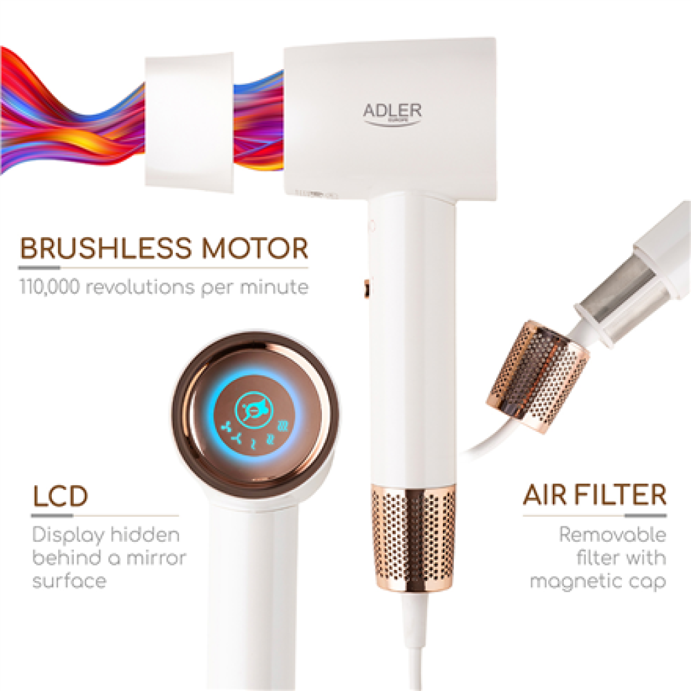 Adler Hair Dryer , SUPERSPEED AD 2272 , 1800 W , Number of temperature settings 3 , Ionic function , White