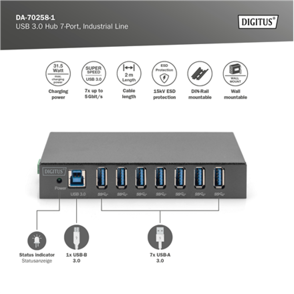 Digitus , USB 3.0 Hub 7-Port, Industrial Line , DA-70258-1