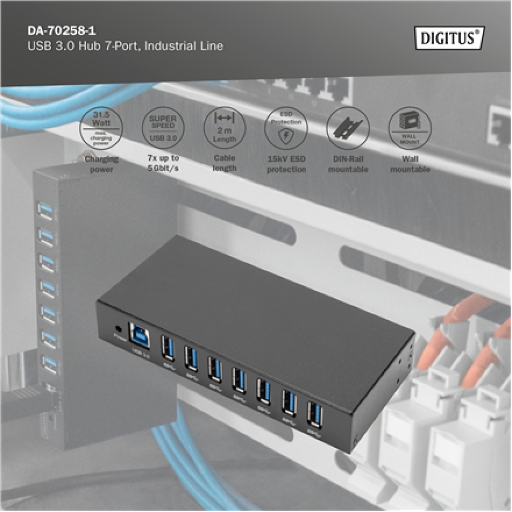 Digitus , USB 3.0 Hub 7-Port, Industrial Line , DA-70258-1