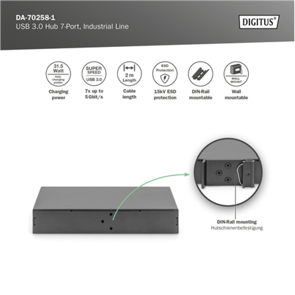 Digitus , USB 3.0 Hub 7-Port, Industrial Line , DA-70258-1