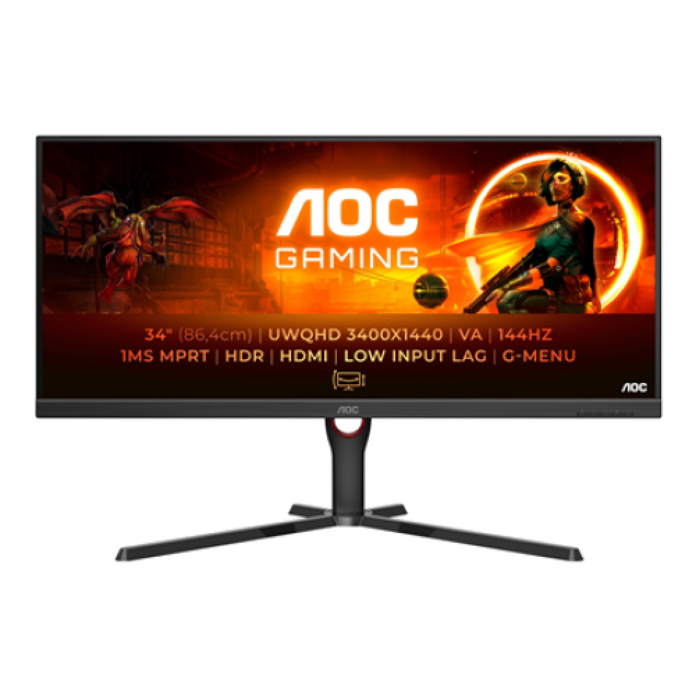 AOC Monitor U34G3XM/EU 34 VA UWQHD 21:9 1 ms 300 cd/m² Black/Red HDMI ports quantity 2 144 Hz