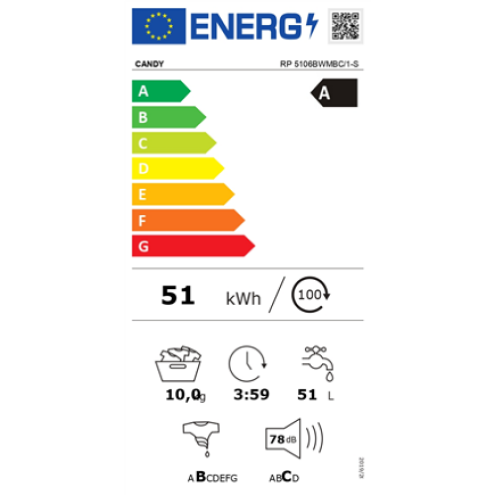 Candy , Washing Machine , RP 5106BWMBC/1-S , Energy efficiency class A , Front loading , Washing capacity 10 kg , 1500 RPM , Depth 58 cm , Width 60 cm , Display , TFT , Steam function , Wi-Fi , White