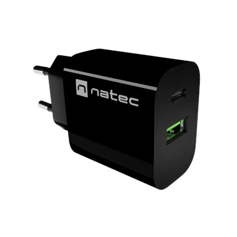 Natec Ribera USB Charger 1X USB-A + 1X USB-C 20W, Black