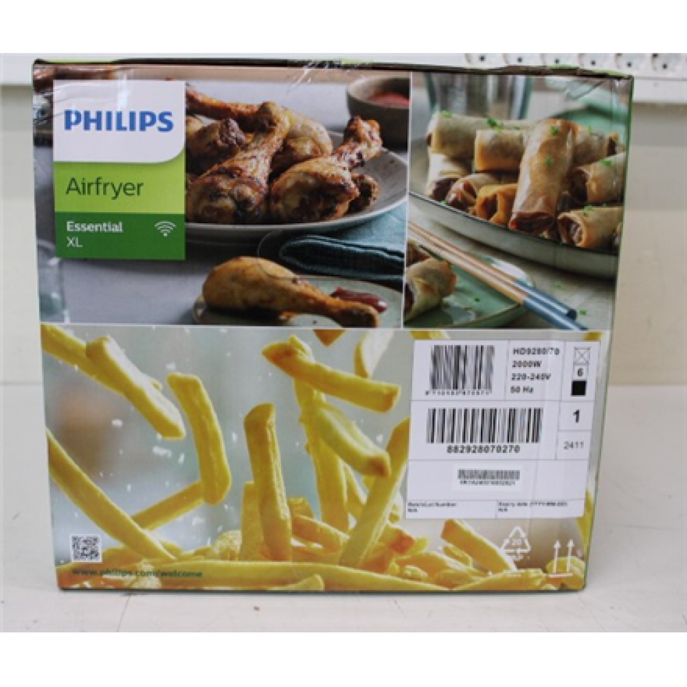 SALE OUT. Philips HD9280/70 Essential Air Fryer, Black , Philips , Air Fryer , Essential HD9280/70 , Power 2000 W , Capacity 6.2 L , Rapid Air technology , Black , DAMAGED PACKAGING