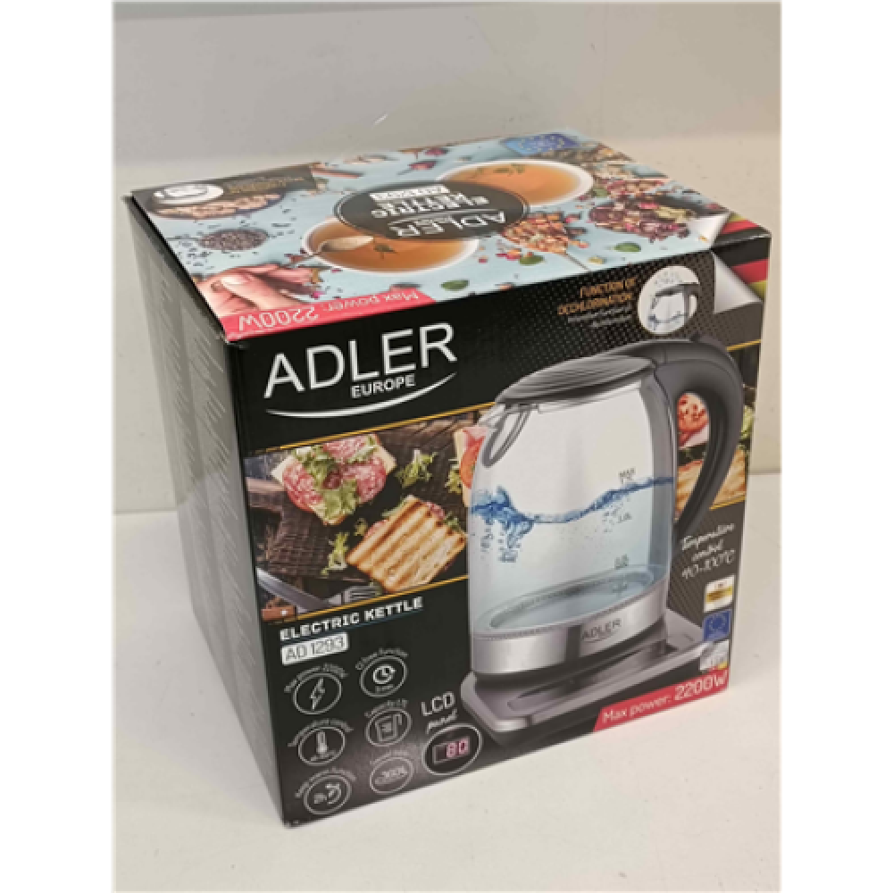 SALE OUT. Adler AD 1293 Kettle, Electric, Power 2200W, Capacity 1.7 L, Glass, Grey Adler Kettle AD 1293 Electric, 2200 W, 1.7 L, Plastic/Glass, 360° rotational base, Grey/Transparent, DEMO