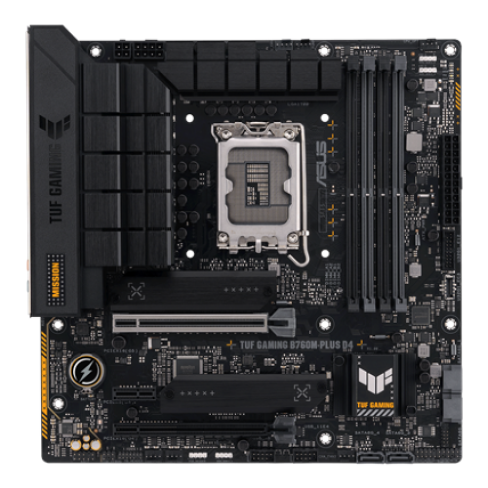Asus , TUF GAMING B760M-PLUS D4 , Processor family Intel , Processor socket LGA1700 , DDR4 DIMM , Memory slots 4 , Supported hard disk drive interfaces SATA, M.2 , Number of SATA connectors 4 , Chipset Intel B760 , mATX