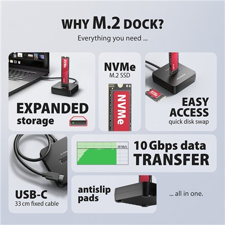AXAGON , USB-C 10Gbps docking station for M.2 NVMe SSD , ADSA-M2C11L