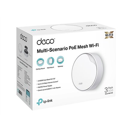 TP-LINK Deco X50 (3-pack) AX3000 Whole Home Mesh Wi-Fi 6 System , TP-LINK , Whole Home Mesh Wi-Fi 6 System , Deco X50 (3-pack) , 802.11ax , 574+2402 Mbit/s , Mesh Support Yes , MU-MiMO Yes , No mobile broadband , Antenna type Internal