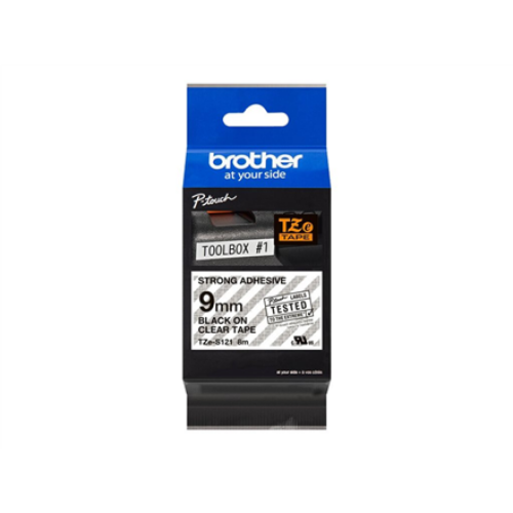 Brother , TZe-S121 Strong Adhesive Laminated Tape , Black on Clear , TZe , 8 m , 9 cm