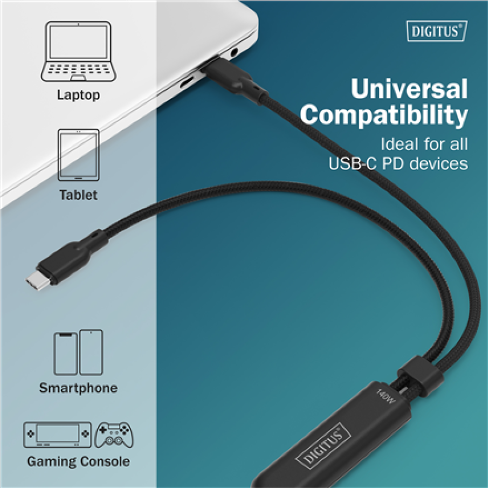 Digitus USB-C 2in1 charging cable, 140W , AK-300170-018-S