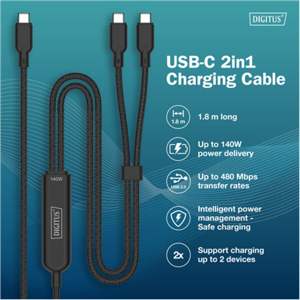 Digitus USB-C 2in1 charging cable, 140W , AK-300170-018-S