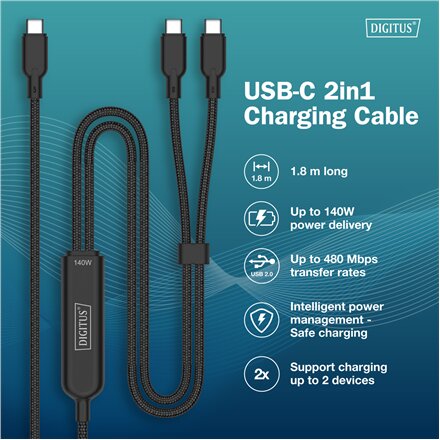 Digitus , USB-C 2in1 charging cable, 140W , AK-300170-018-S