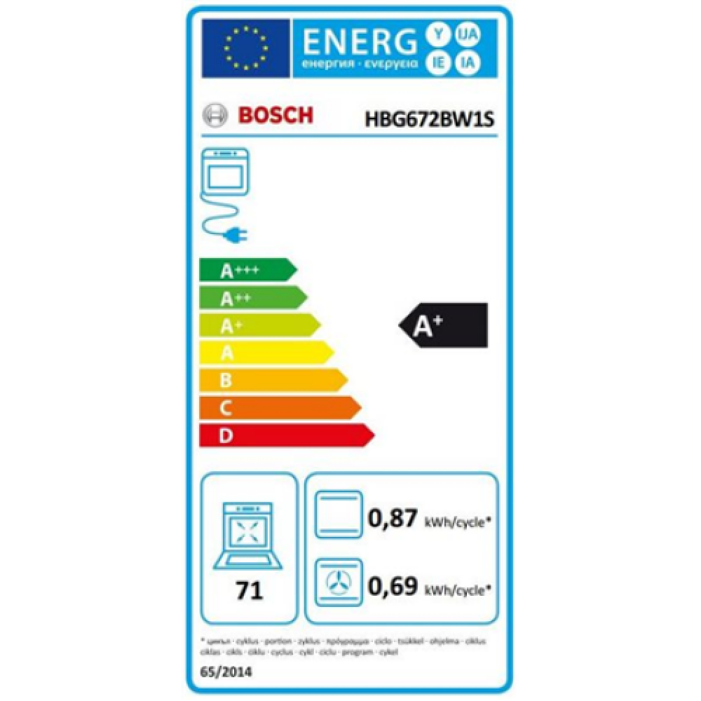 Bosch Oven HBG672BW1S 71 L, Multifunctional, Pyrolysis, Rotary and electronic, Height 60 cm, Width 60 cm, White, Made in Germany