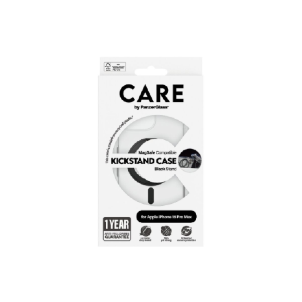 CARE by PanzerGlassFeature Case Transparent w. Black Kickstand & MagSafe iPhone 16 Pro Max , CARE