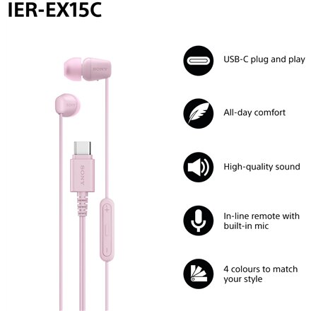 Sony Earbuds , IER‑EX15C , Wired , In-ear , Microphone , Pink