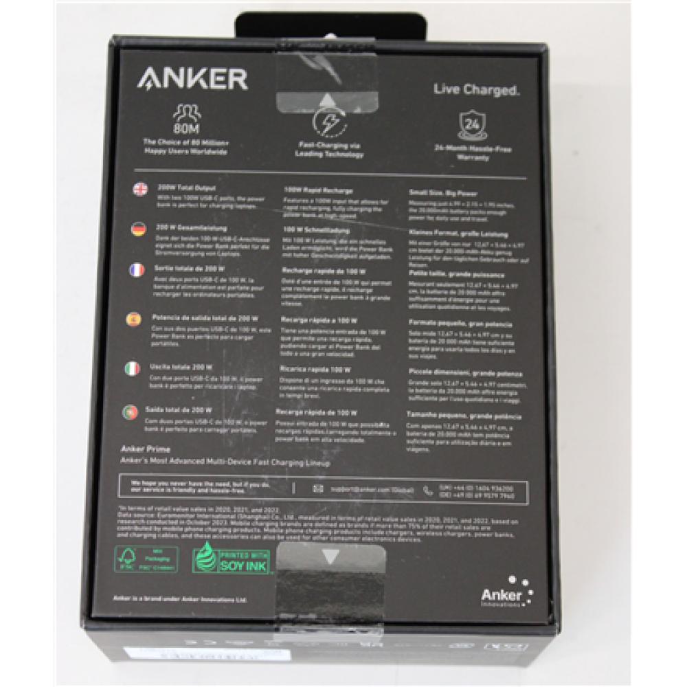 SALE OUT. Anker Power Bank, 200 W , Prime , 20000 mAh , Black , UNPACKED, SMALL SCRATCHED ON TOP