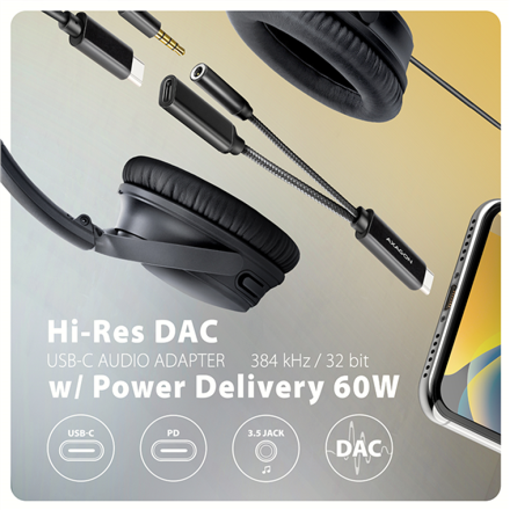 AXAGON , ADA-HCPD USB-C - Hi-Res DAC Audio Adapter PD, 60W