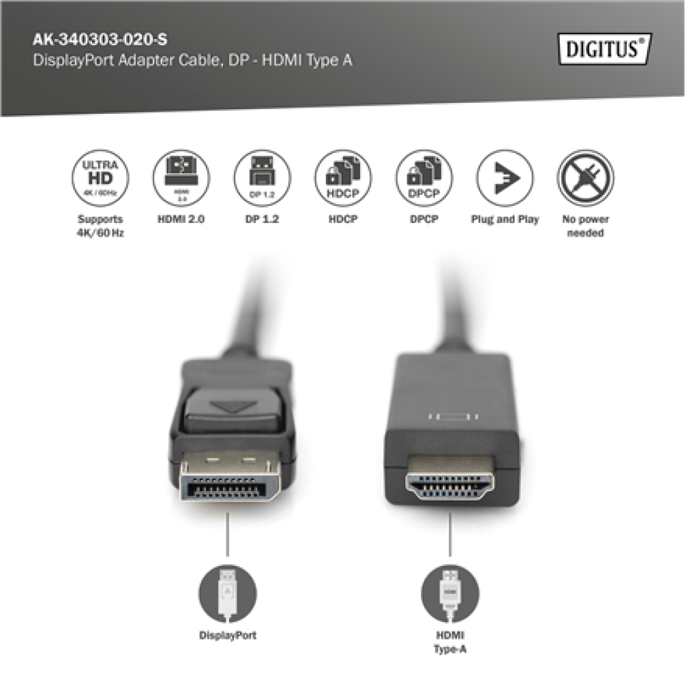 Digitus Adapter Cable, DP - HDMI type A , DisplayPort to HDMI , 2 m