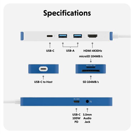 Hyper HyperDrive Flex 8 Port USB-C Hub, White/Blue , HD4102BUGL , HDMI ports quantity 1