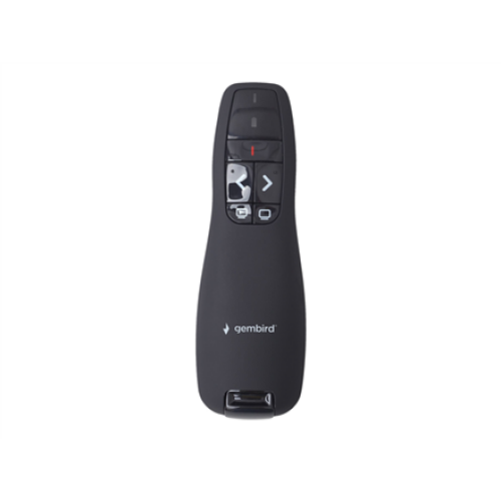 Gembird , Wireless presenter with laser pointer , WP-L-02 , Black , Depth 25 mm , Height 105 mm , Red laser pointer. 4 buttons to control most used PowerPoint presentation functions. Interface: USB. Presenter control distance: up to 10 m. , Yes , Weight 8