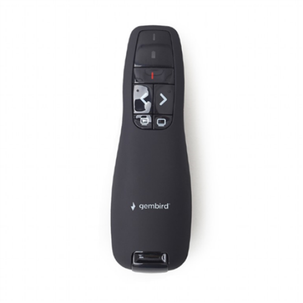 Gembird , Wireless presenter with laser pointer , WP-L-02 , Black , Depth 25 mm , Height 105 mm , Red laser pointer. 4 buttons to control most used PowerPoint presentation functions. Interface: USB. Presenter control distance: up to 10 m. , Yes , Weight 8