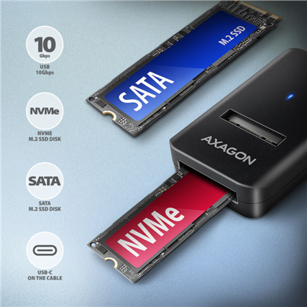 AXAGON USB-C 10Gbps adapter for fast connection of M.2 NVMe and SATA SSD, USB-C cable 10 cm , ADM2-CM