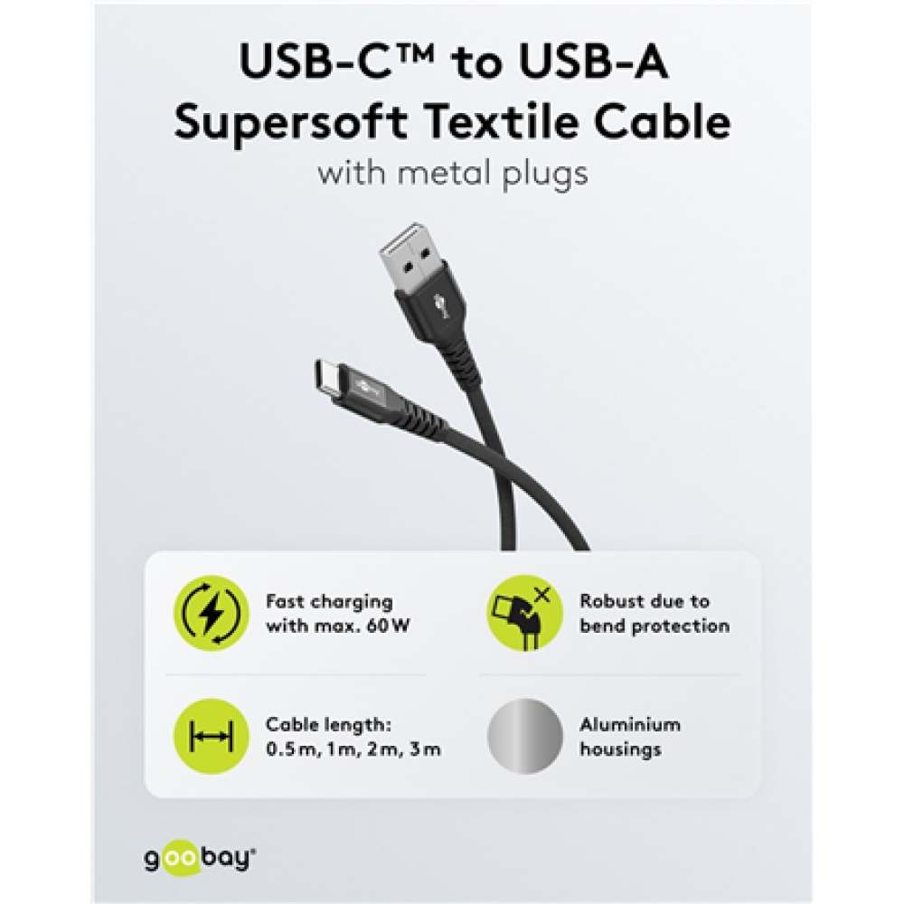 74526 Goobay USB-C to USB-A Supersoft Textile Cable with Metal Plugs , 74526 , USB-C to USB-A