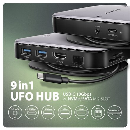 AXAGON USB-C 10Gbps UFO 9in1 Hub , HMC-UFO