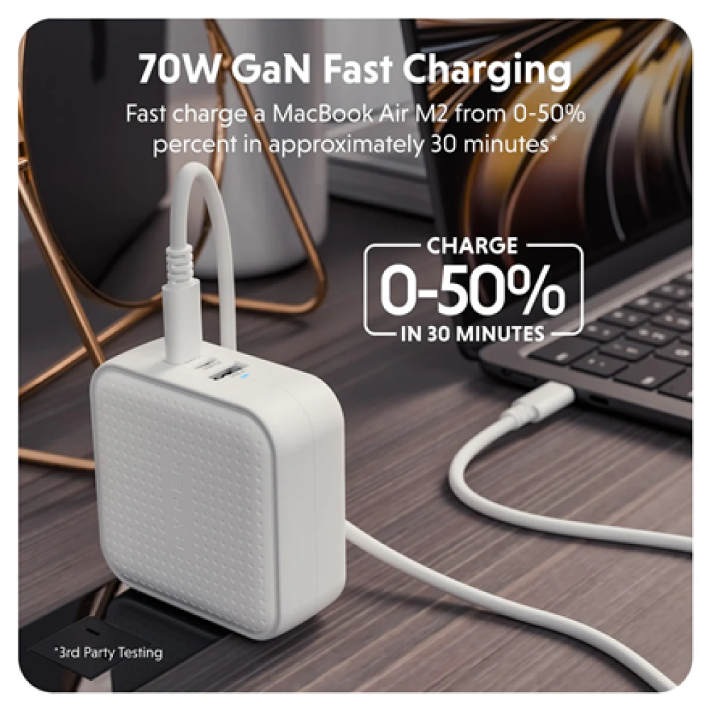 Hyper HyperJuice 70W USB-C GaN Travel Charger, White , HJ1003WHWWGL